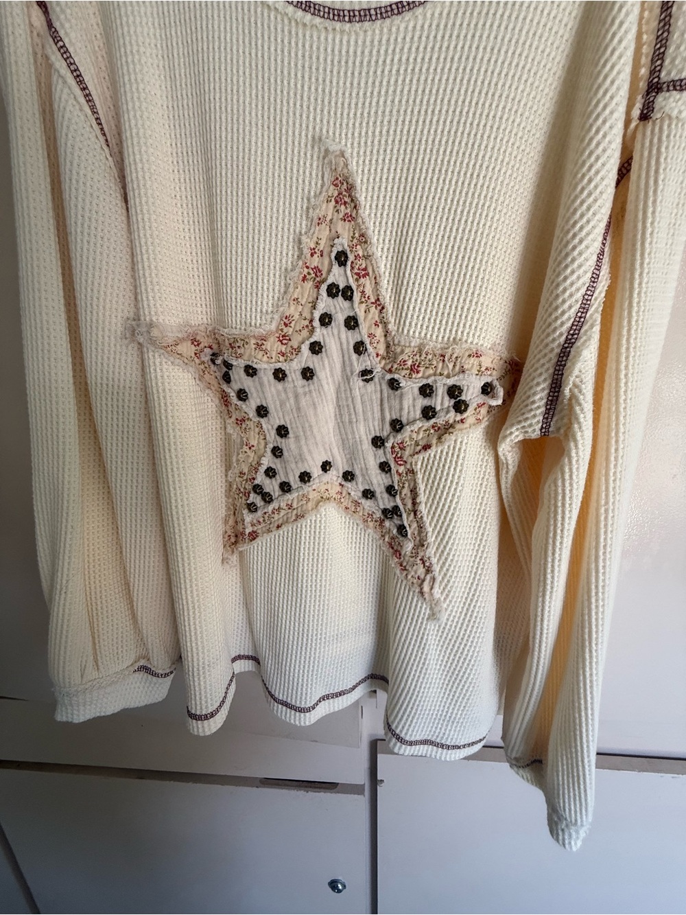 POL Cream Waffle-Knit Crewneck Sweater with Star Appliqué